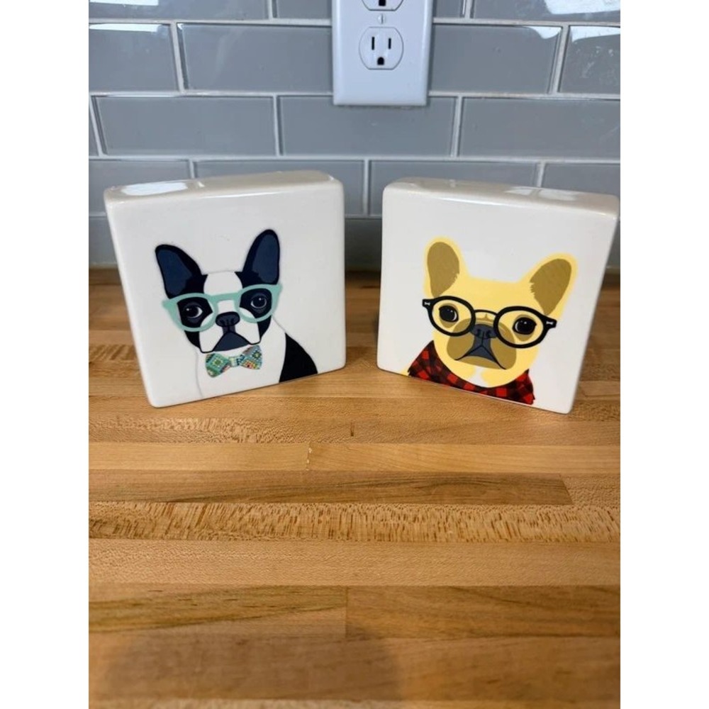 Hipster French Bulldog Boston Terrier Ceramic Vase Set Square Dog Decor 4x4
